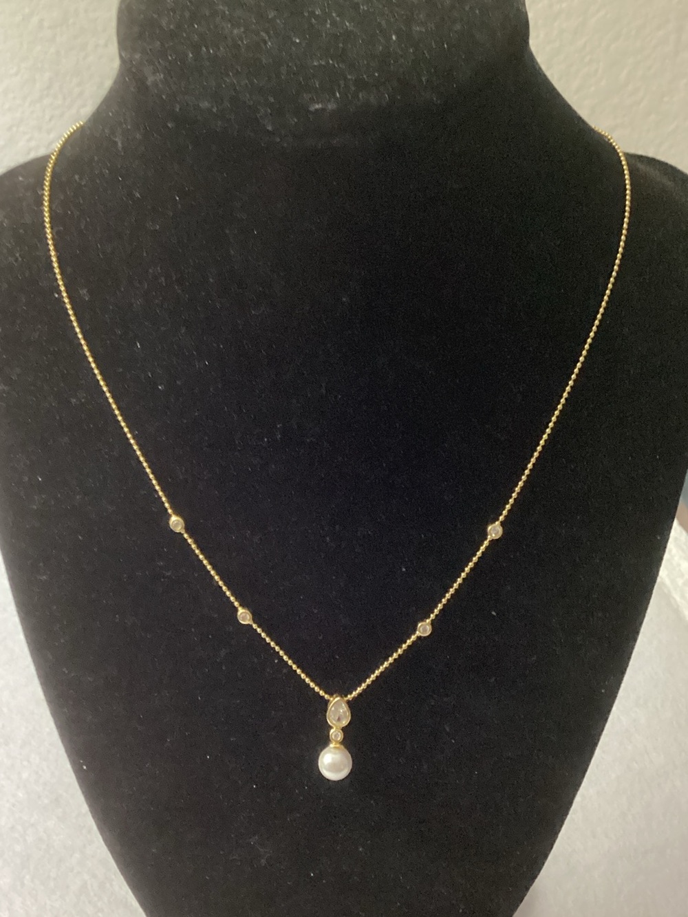 Aqua Gold Tone Station Pearl Necklace with Crystal Accents